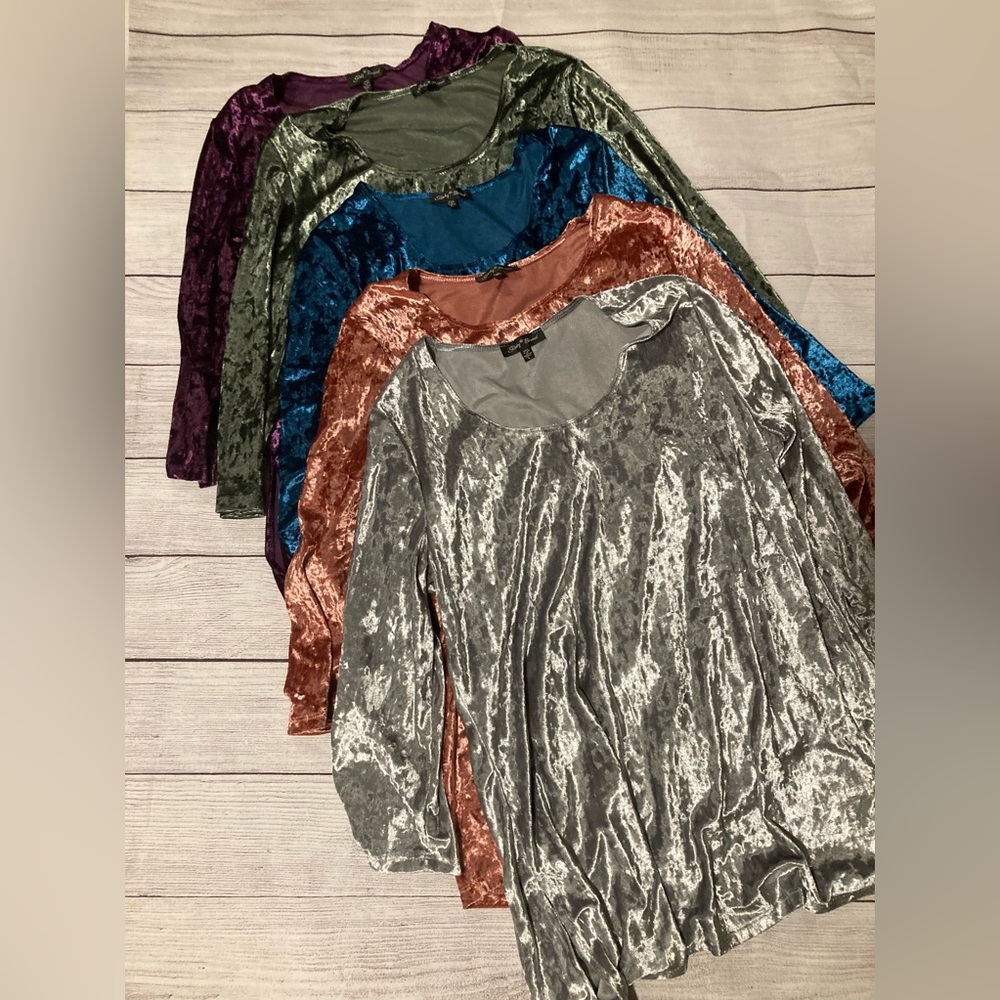 5 Slinky Brand shirts! NWOT! All size Large. Velvet crush fabric! Stunning!